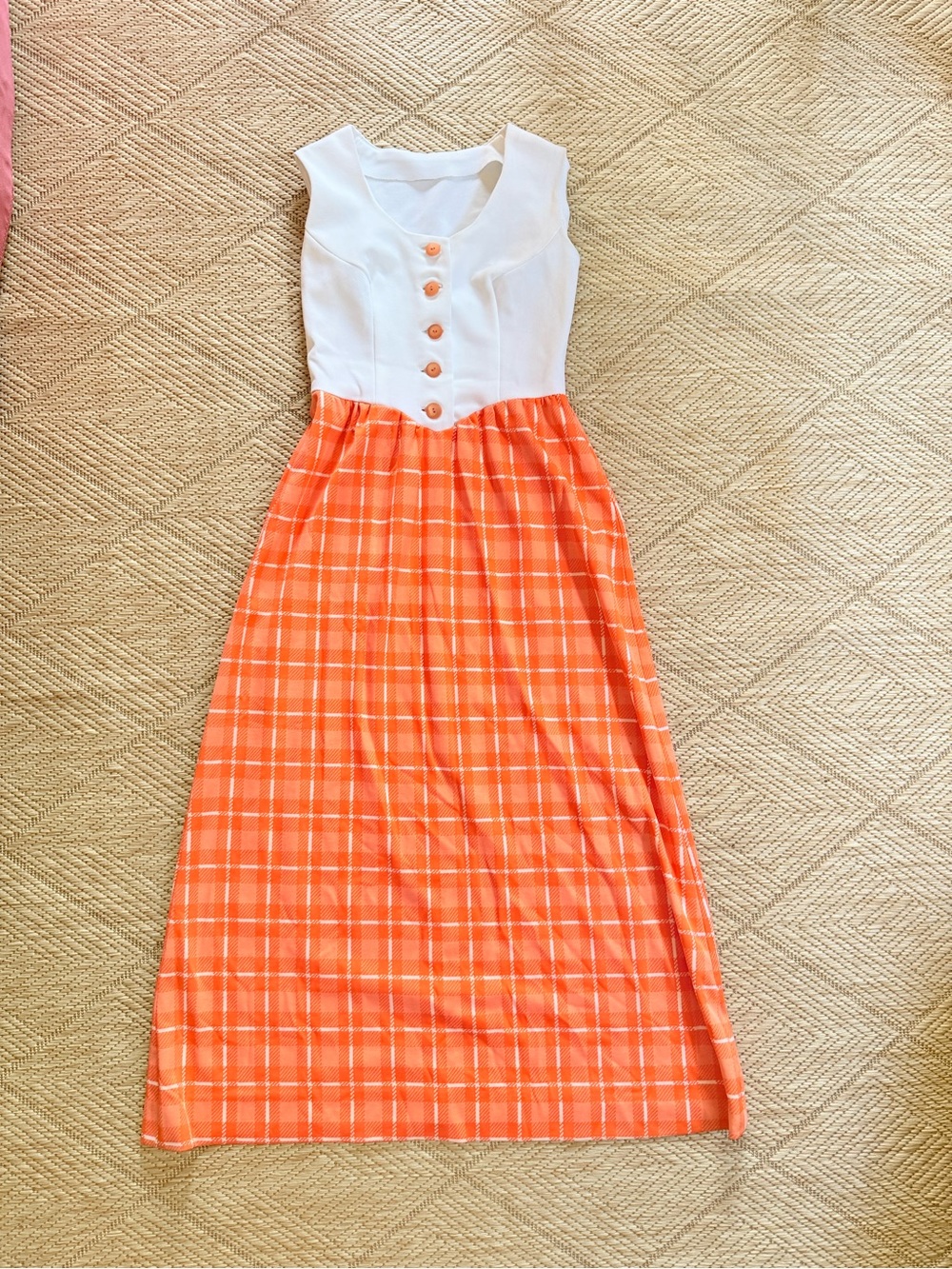 Vintage Bespoke Handmade White & Neon Orange Plaid Maxi Dress S/M